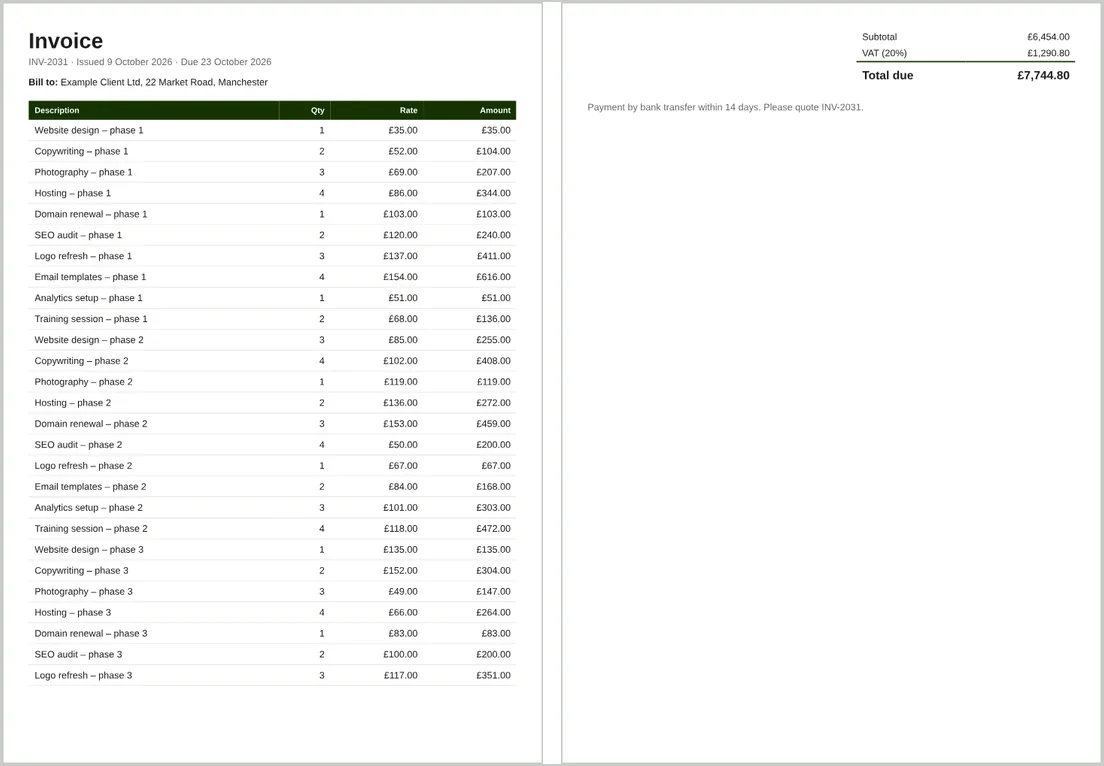 Two PDF pages. Page one has the line items. Page two starts with Subtotal, VAT and Total due together, then the payment note.