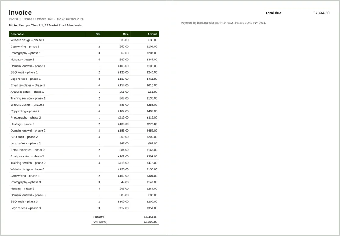 Two PDF pages. Page one ends with the line items, Subtotal and VAT. Page two starts with Total due on its own, followed by the payment note.