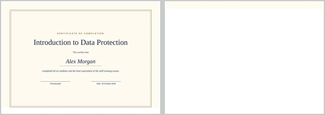 Two landscape PDF pages. The first shows a complete certificate. The second is almost blank, with a thin cream strip along the top edge.