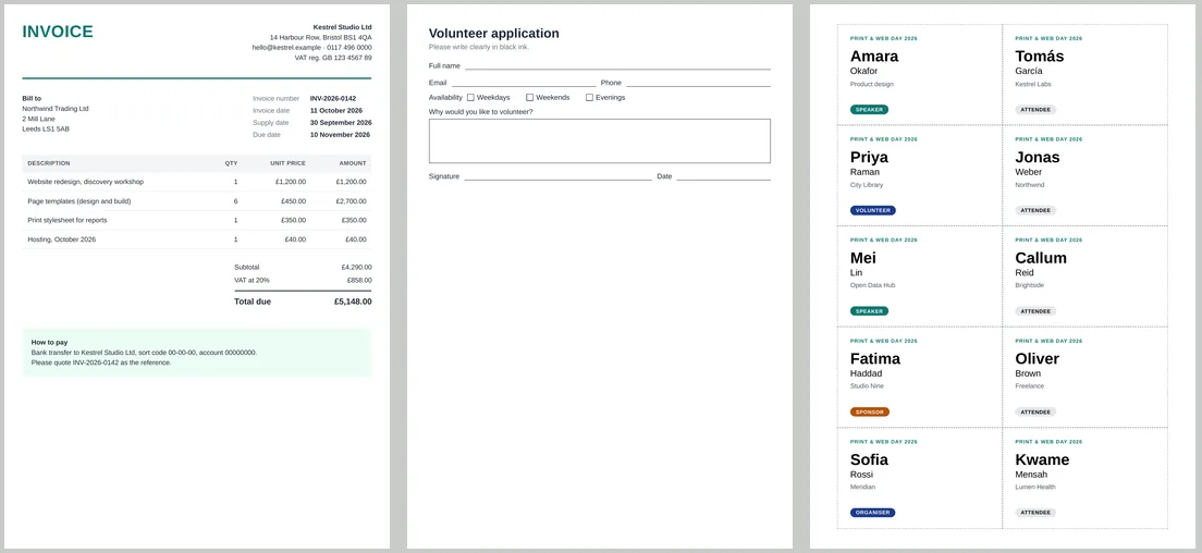 Three PDF pages side by side: a VAT invoice with a teal header, line items and totals; a printable volunteer application form with write-in lines and checkboxes; and an A4 sheet of ten name badges.