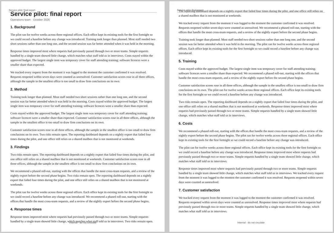 Two PDF pages. On page one the fixed header crowds the main heading; on page two the header text is printed on top of the first line of body text.