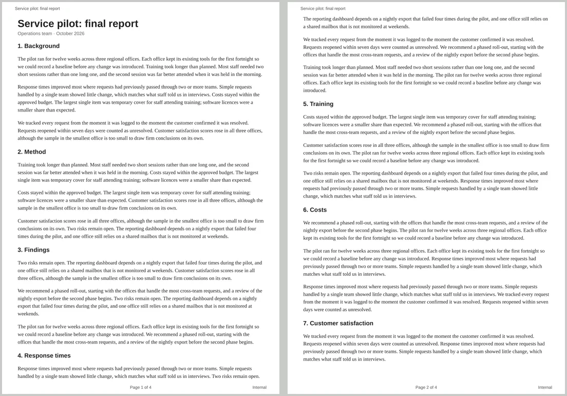 Two A4 PDF pages of a report. Each has a small title at the top left and Page 1 of 4 or Page 2 of 4 centred at the bottom, sitting in the page margin clear of the text.
