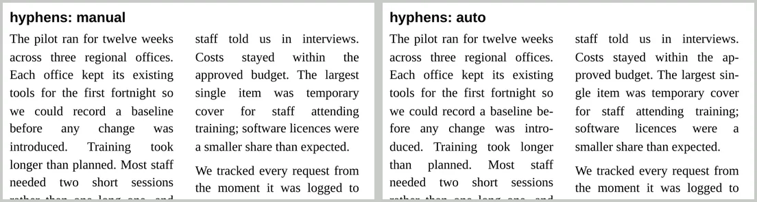 Two versions of the same justified two-column text. Without hyphenation, some lines have very wide gaps between words. With hyphenation, words such as be-fore and intro-duced are split and the spacing is more even.
