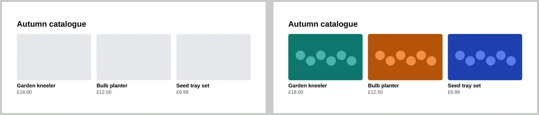 Left: a product catalogue in a PDF with three empty grey boxes where the product photos should be. Right: the same catalogue with all three photos.