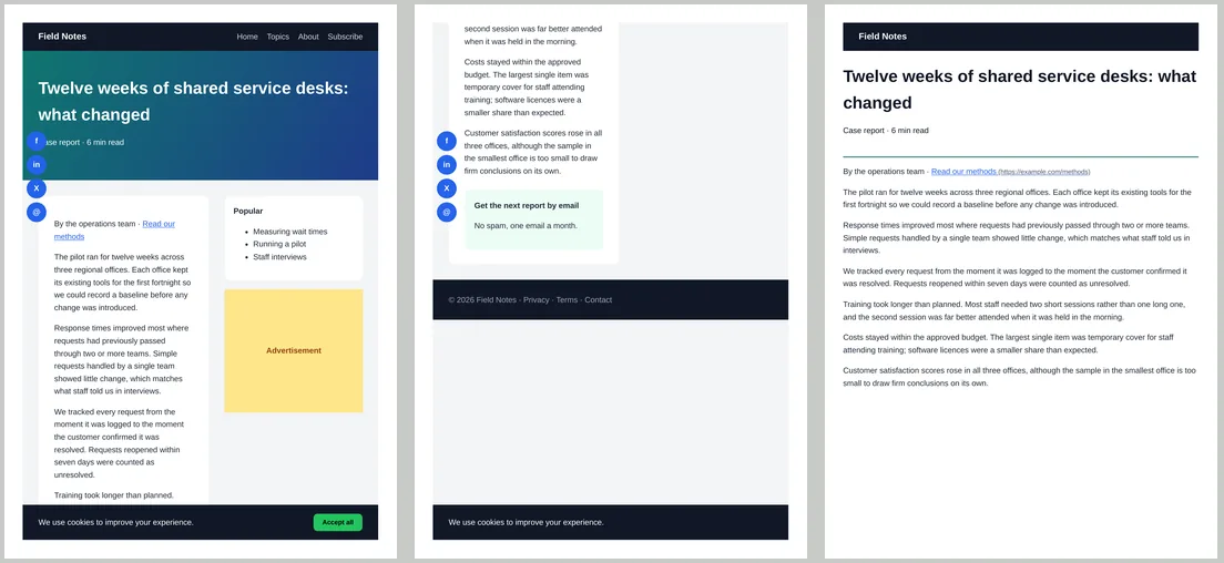 Three PDF pages side by side. The first two are the original blog post: a narrow article squeezed beside a sidebar and a yellow advert, round share buttons over the text and a cookie banner across the bottom of both pages. The third page is the same post after the print stylesheet: one page, full-width text, a simple title and the link address printed after the link.