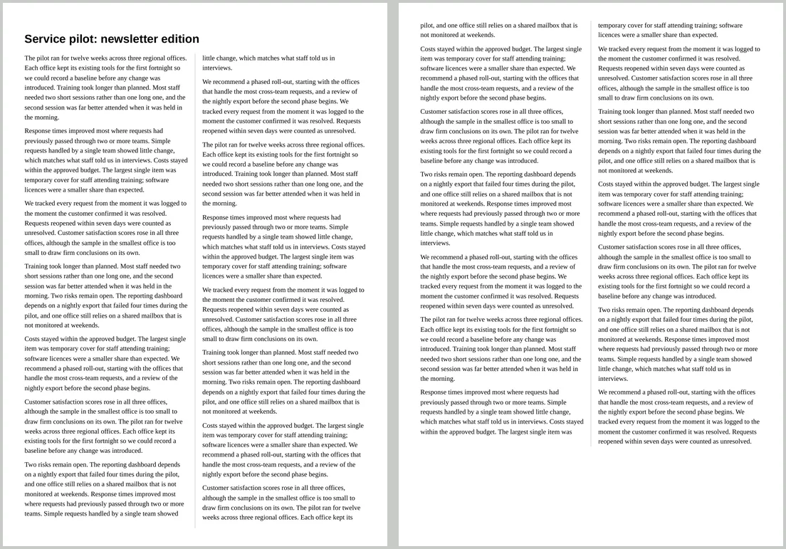 Two PDF pages in two columns. Page one has a title spanning both columns above full columns of text. The last page has two shorter columns of equal height.
